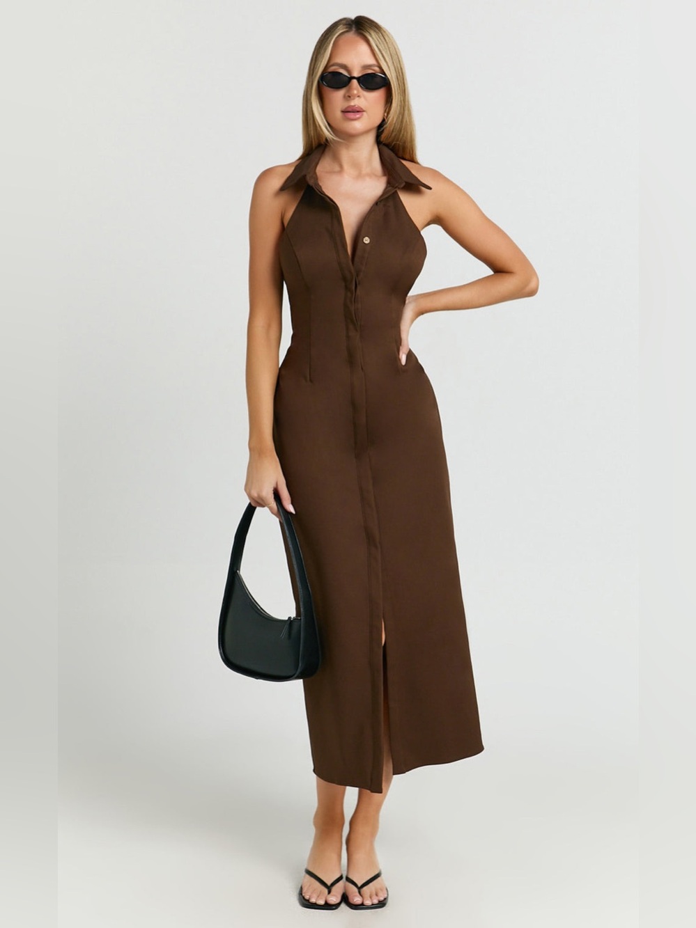 SHOWPO Lillibelle Collared Button Down Bodycon Midi Dress In Chocolate - Picture 4 of 7